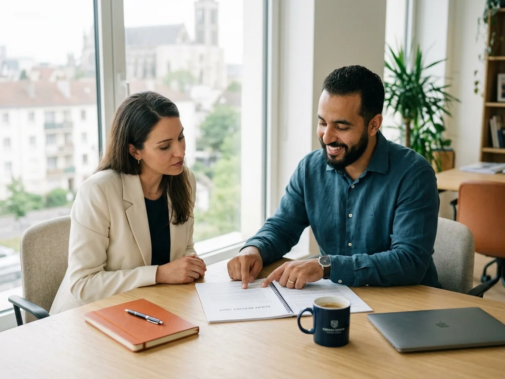 Consultant SEO expliquant les r�sultats d'un audit technique � une cliente � Saint-Denis.