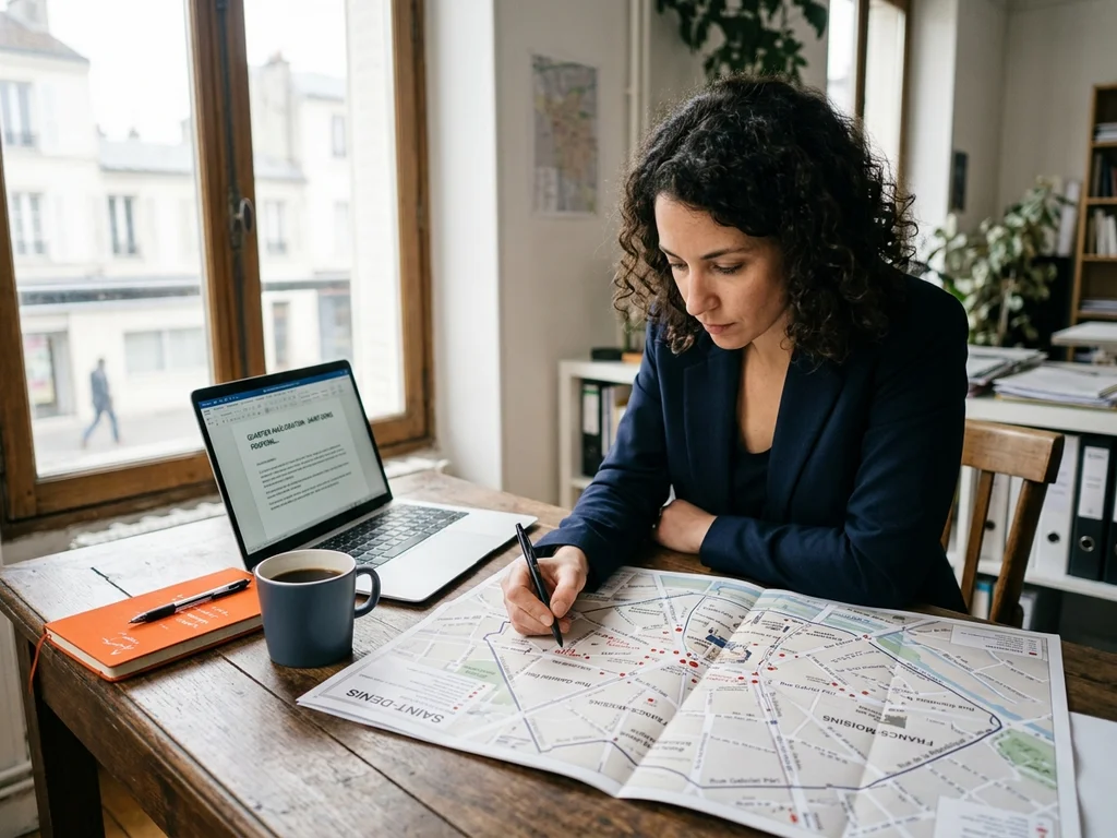 Consultante SEO analysant une carte de Saint-Denis pour optimiser la visibilité locale d'un client.
