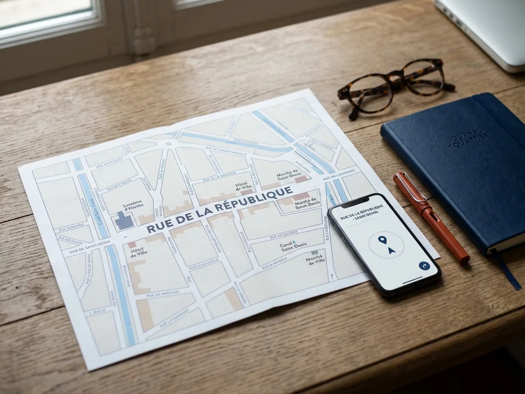 Plan de quartier de Saint-Denis sur un bureau pour localiser l'agence Rue de la République.
